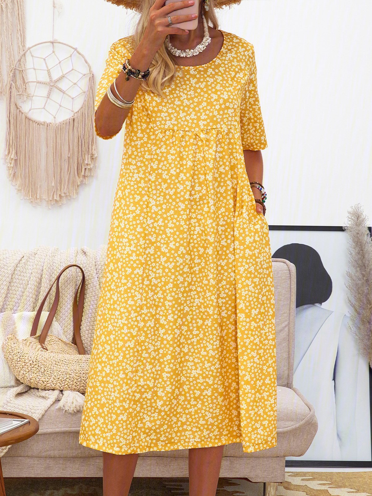 Casual Printed Crew Neck Midi