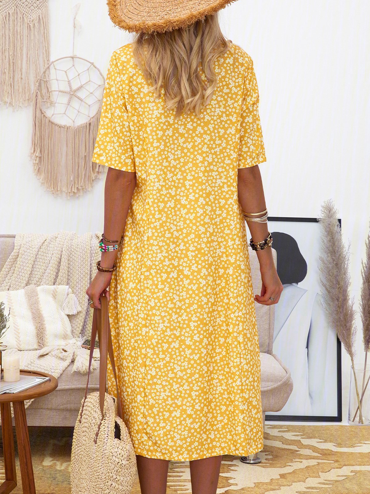 Casual Printed Crew Neck Midi