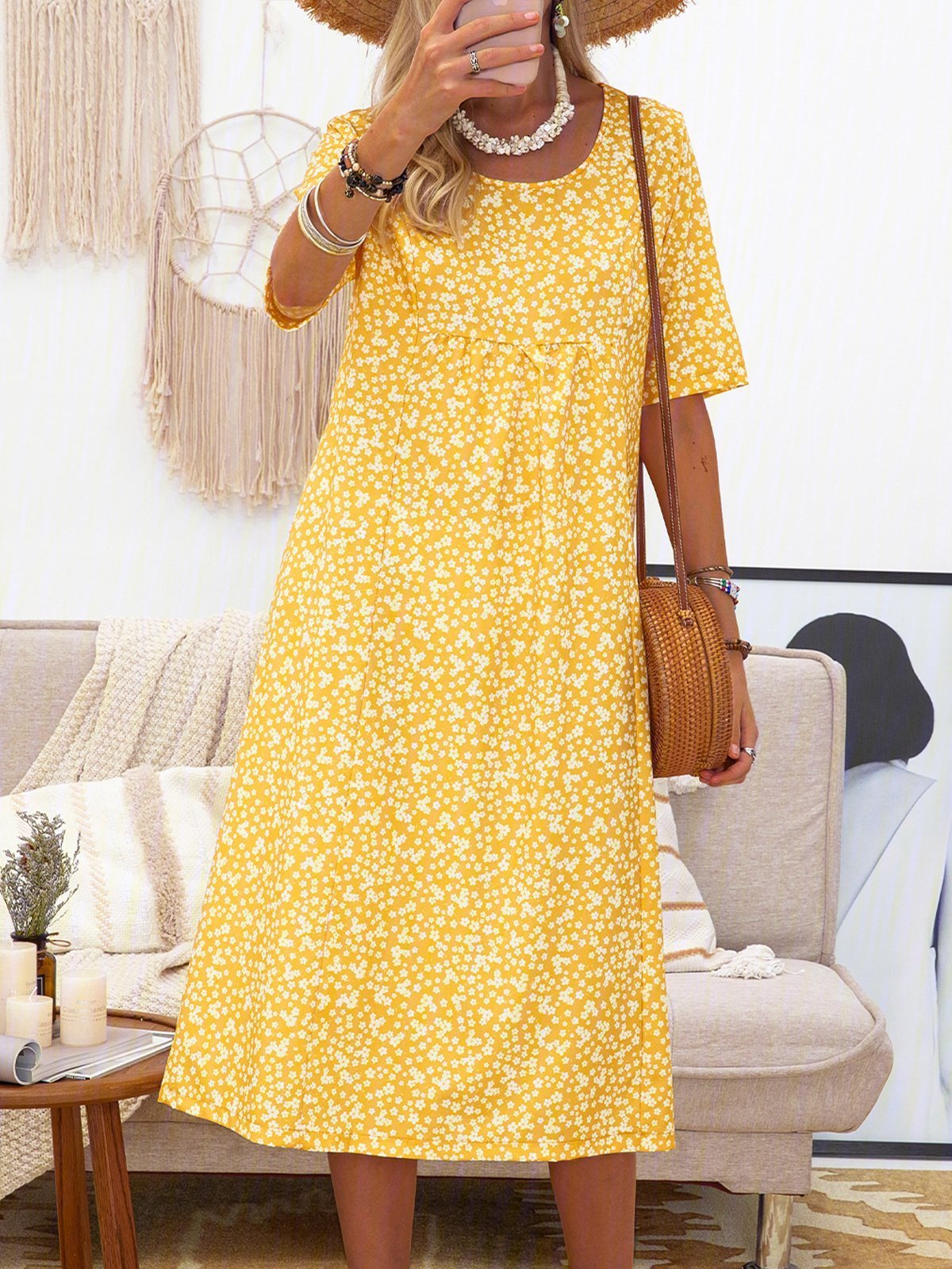Casual Printed Crew Neck Midi