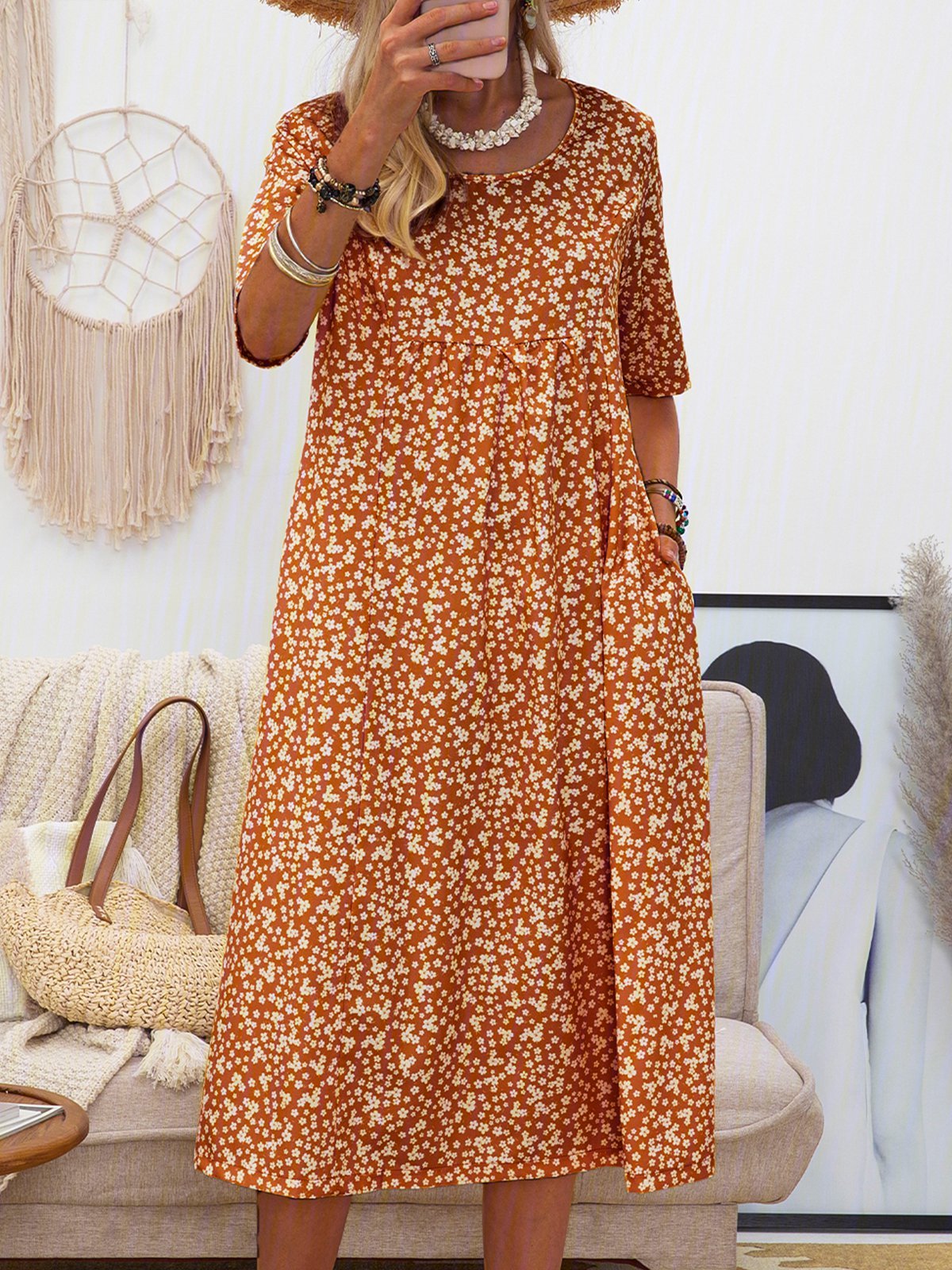 Casual Printed Crew Neck Midi