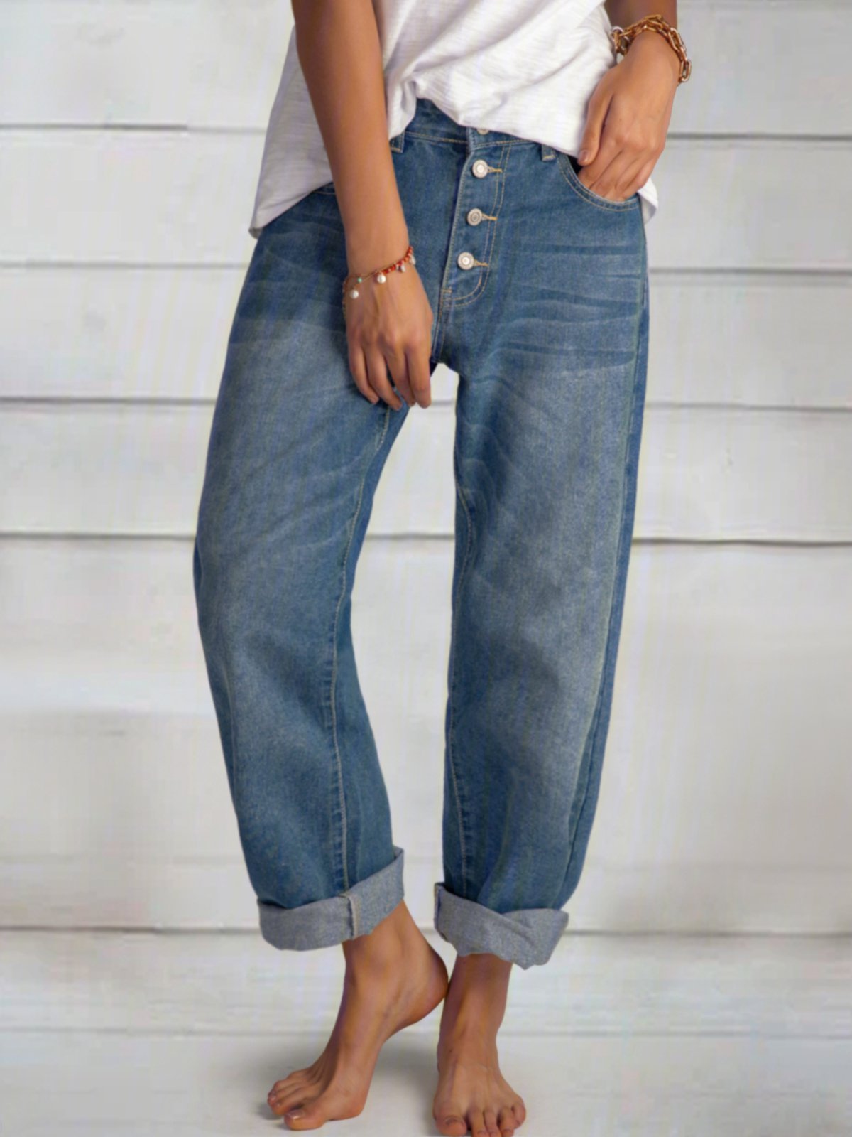 Plain Loose Cotton Denim&jeans