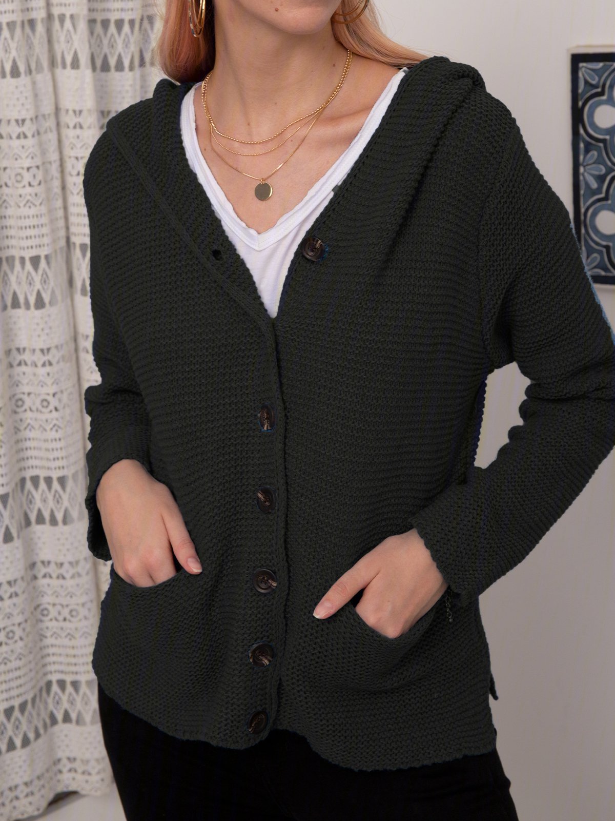 Casual Cotton Solid Hooded Cardigans
