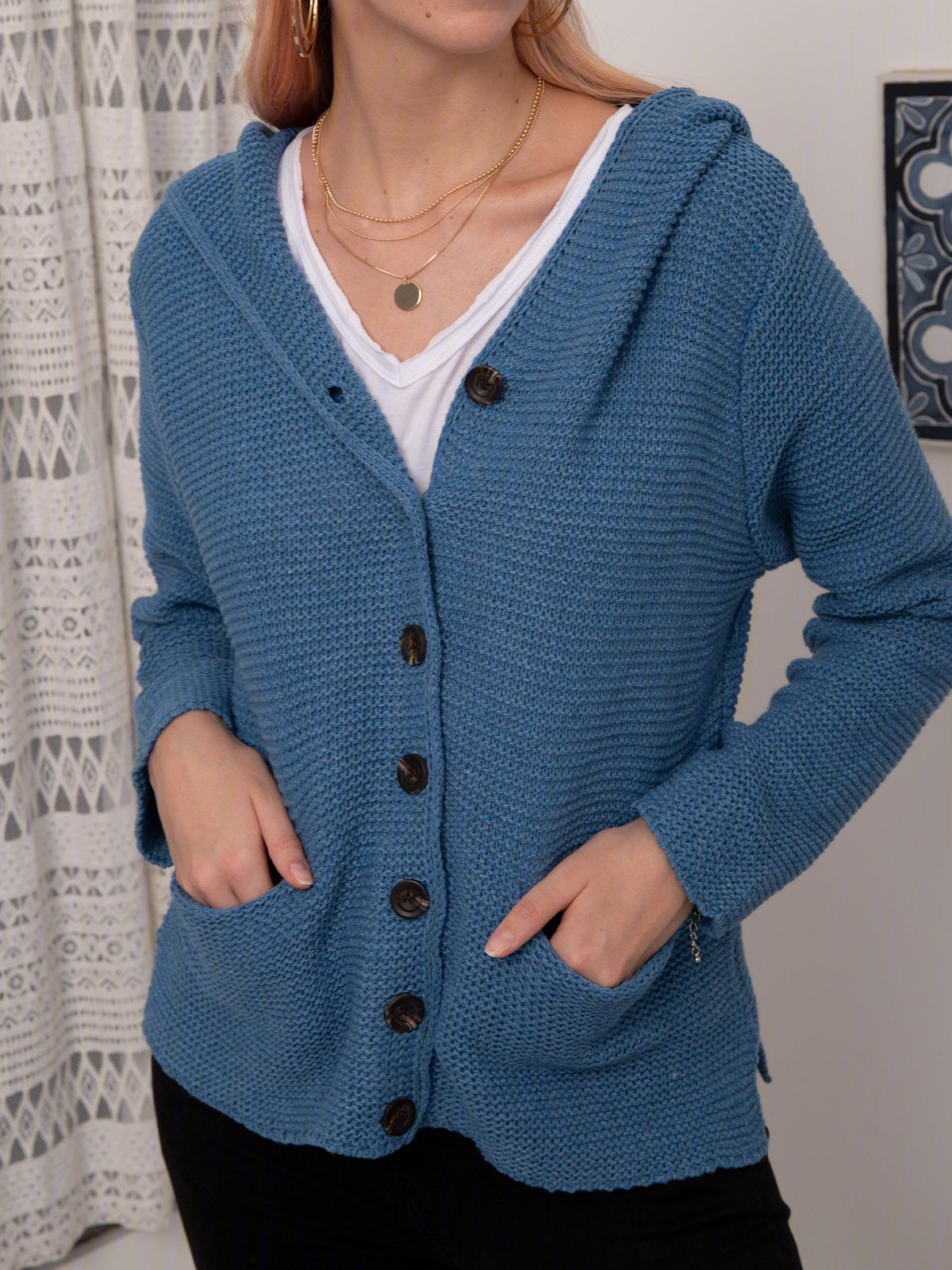 Casual Cotton Solid Hooded Cardigans