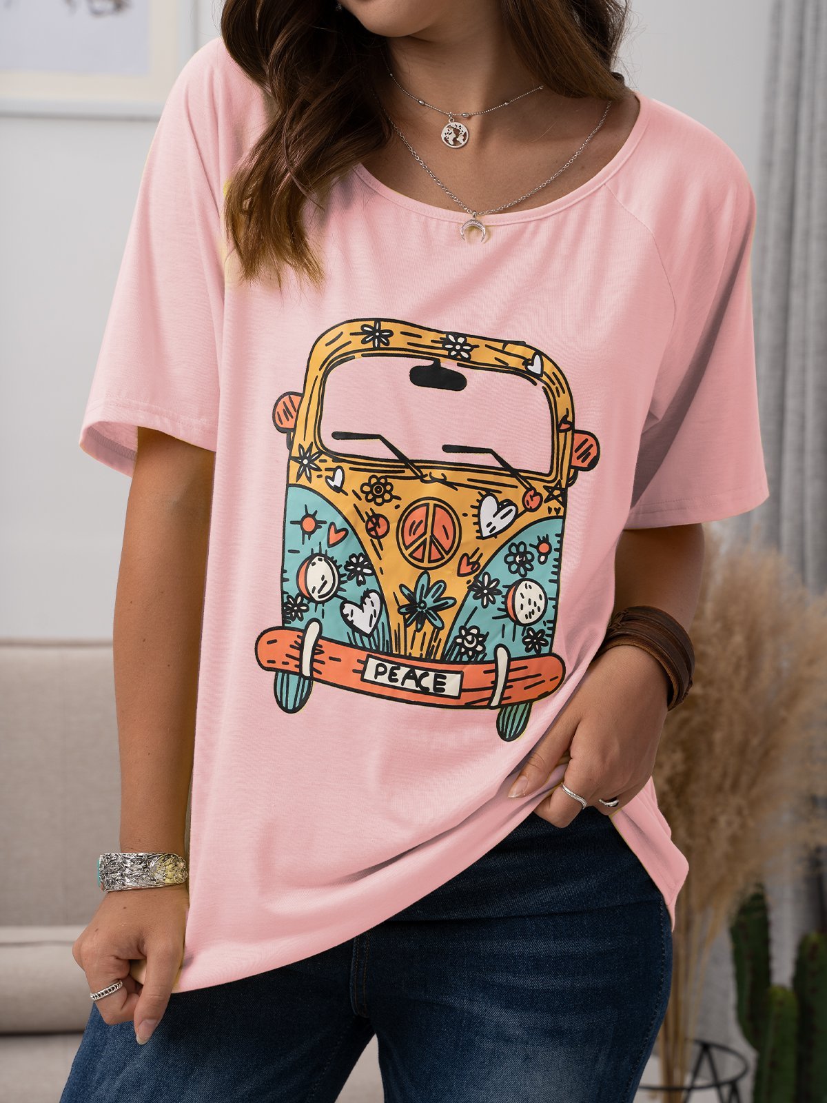 Loose Crew Neck Casual Floral T-shirt