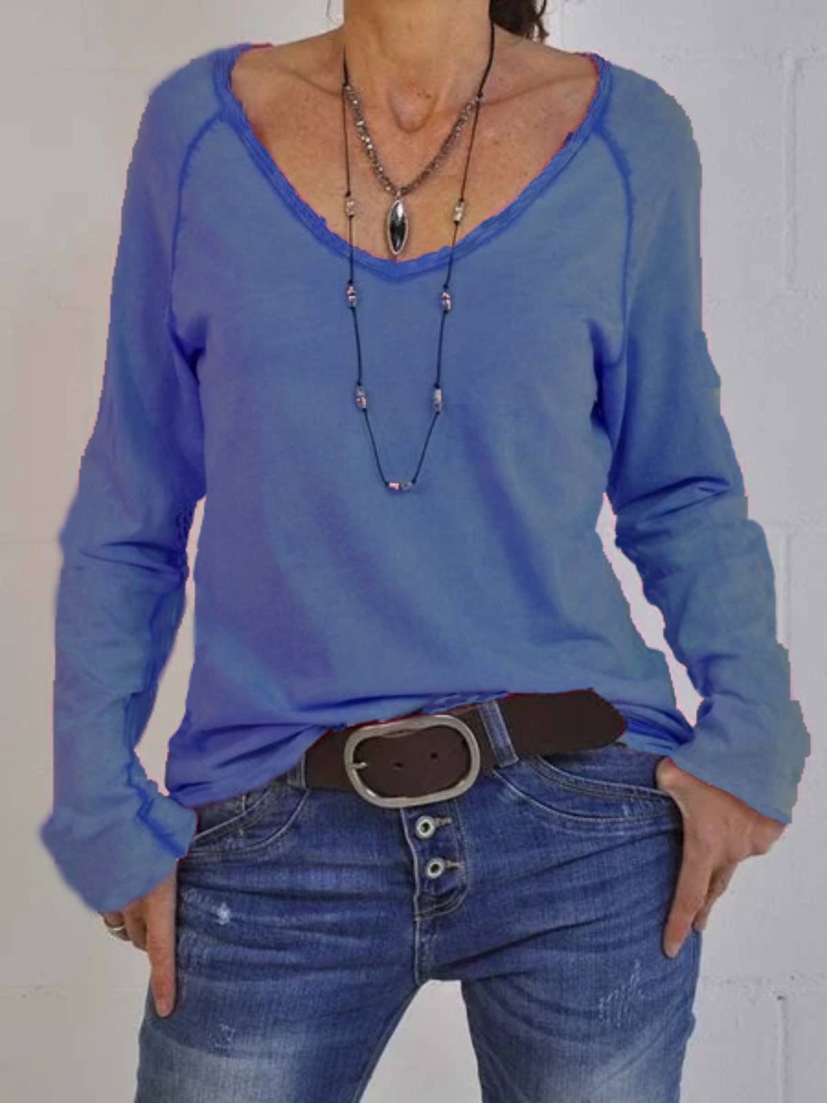 Casual Cotton-Blend V Neck Plain Blouses