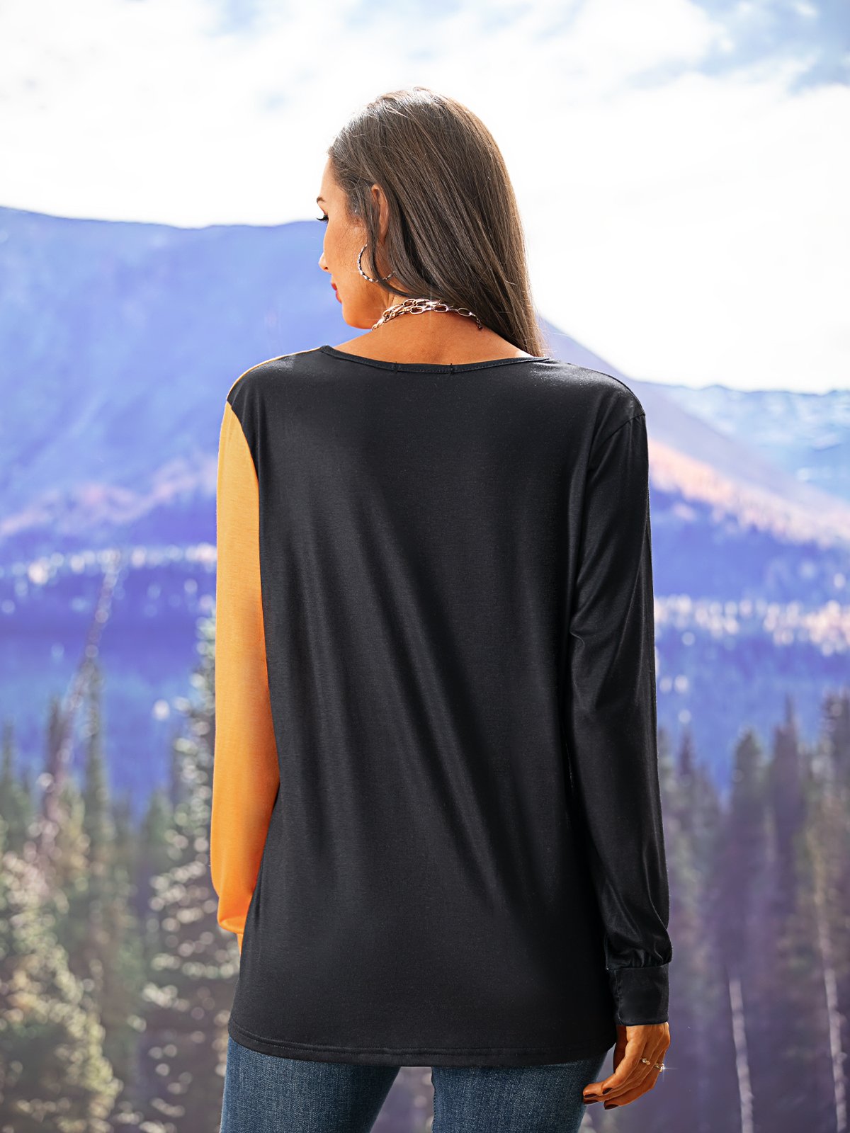 Boho Color Block Spring Polyester Deep V Daily Long sleeve Loose Regular Top for Women