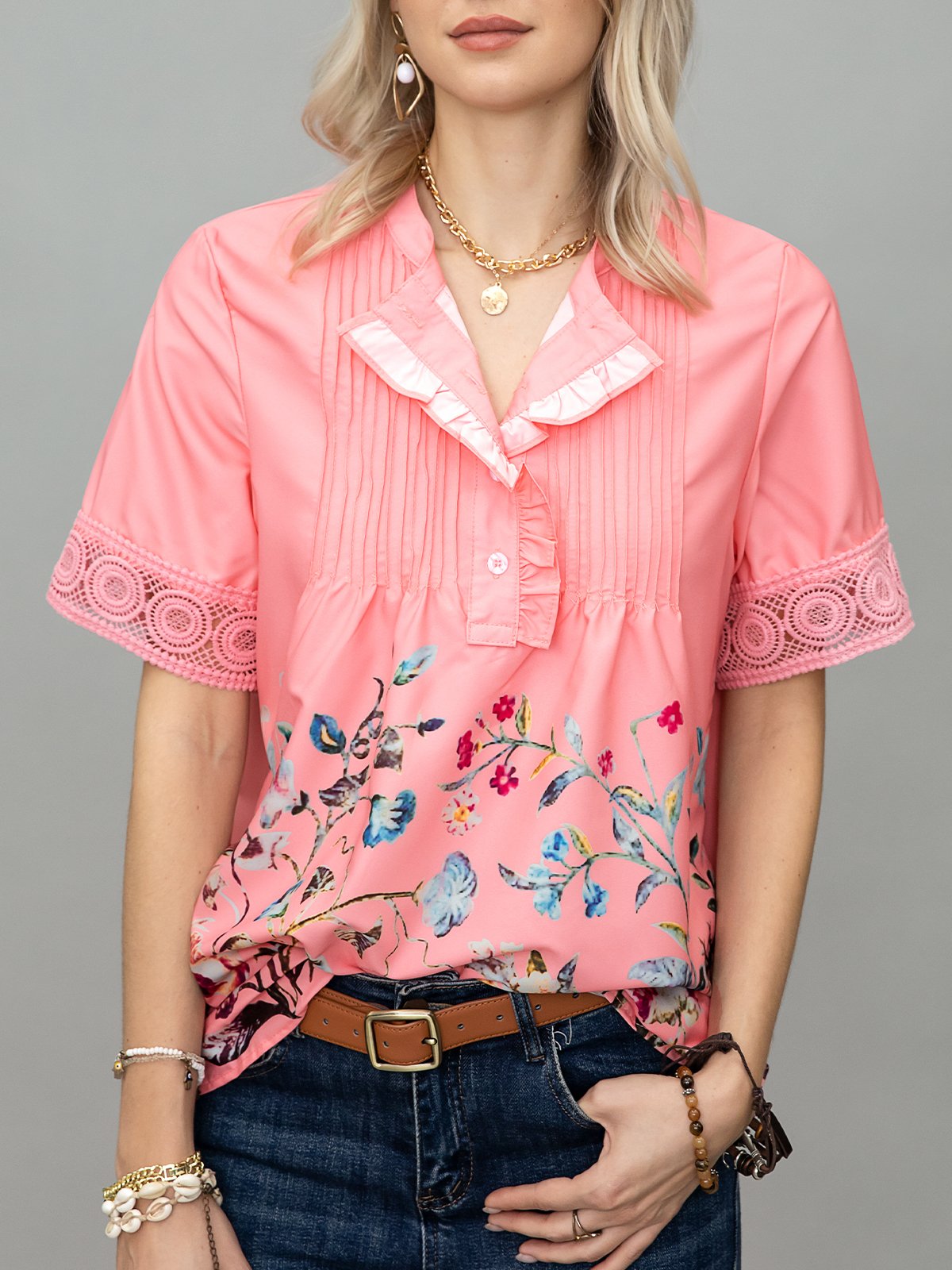 Cotton-Blend Loose Casual Floral Shirt