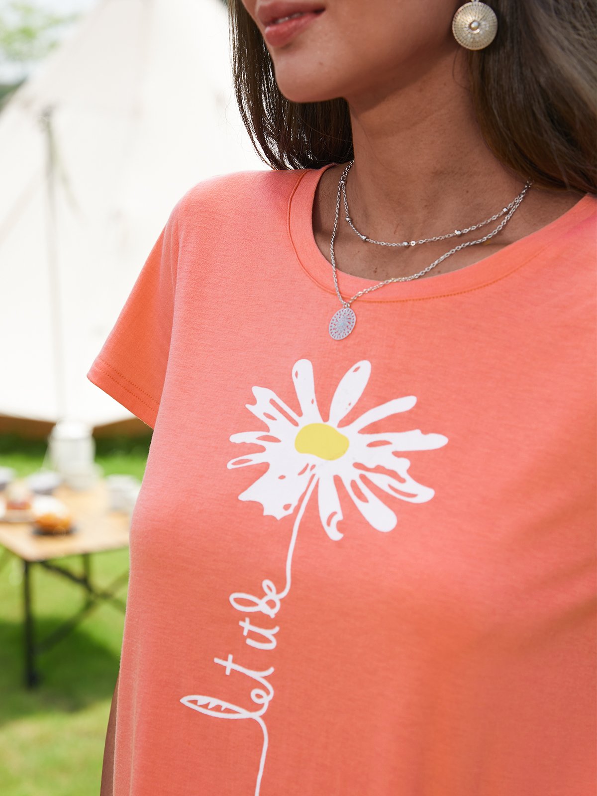 Crew Neck Vacation Cotton-Blend Floral T-shirt