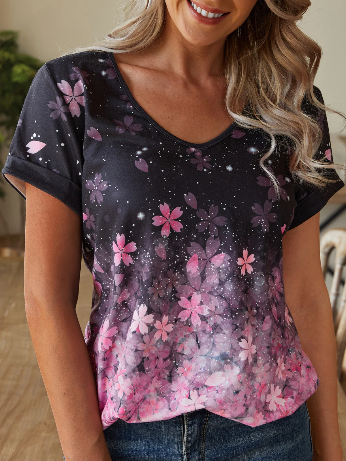 Fit Floral Cotton-Blend V Neck T-shirt
