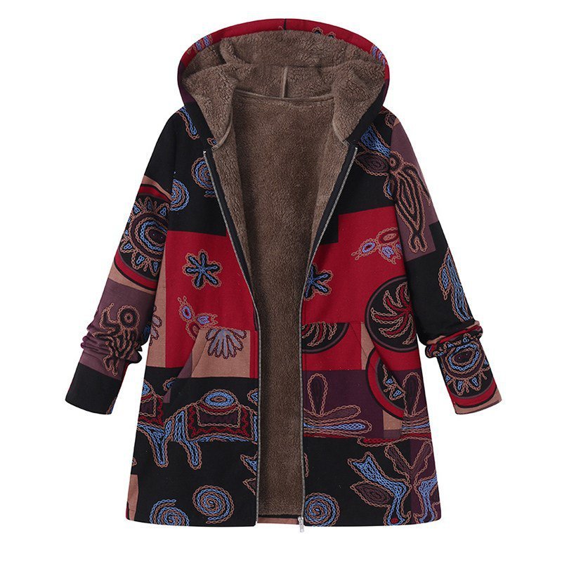 Printed Hooded Pockets Coats For Women