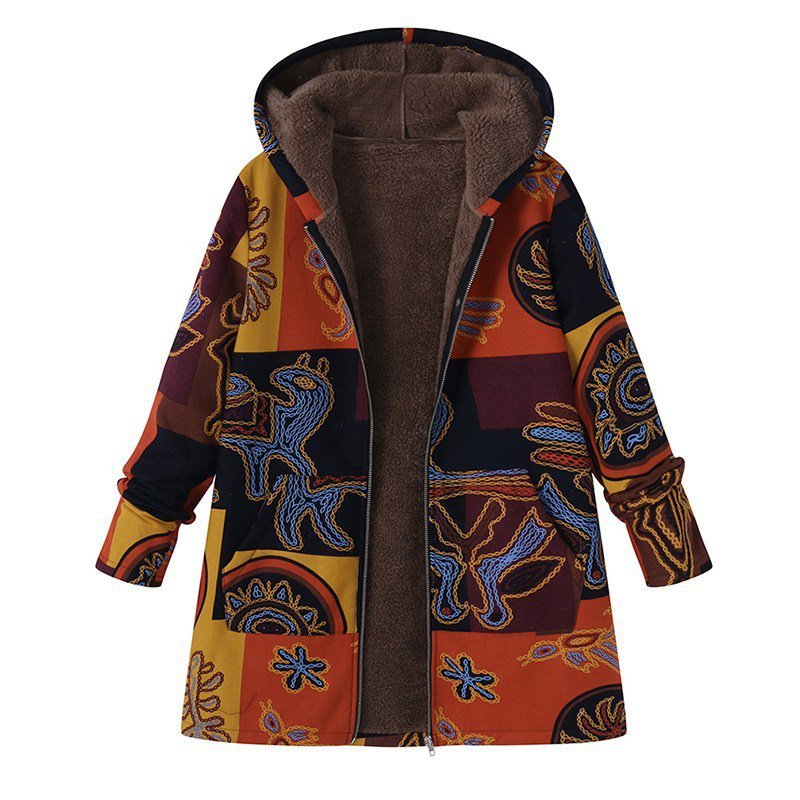 Printed Hooded Pockets Coats For Women