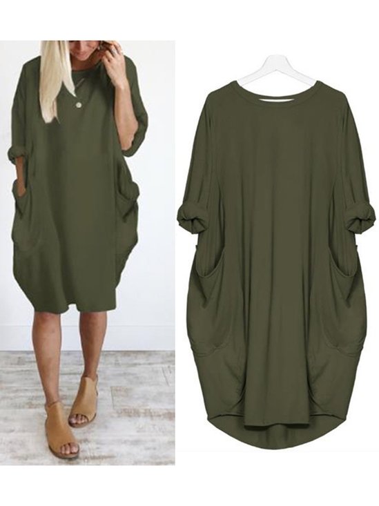 Crew Neck Batwing Sleeve Solid Casual Midi