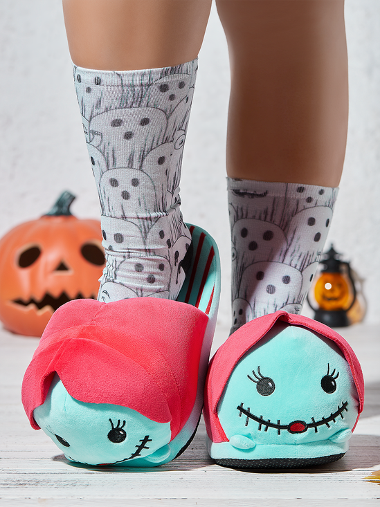Women Halloween Spring Party Split Joint Flat Heel Closed Toe Fabric Rubber Toe-covered Slippers Living Room Slippers