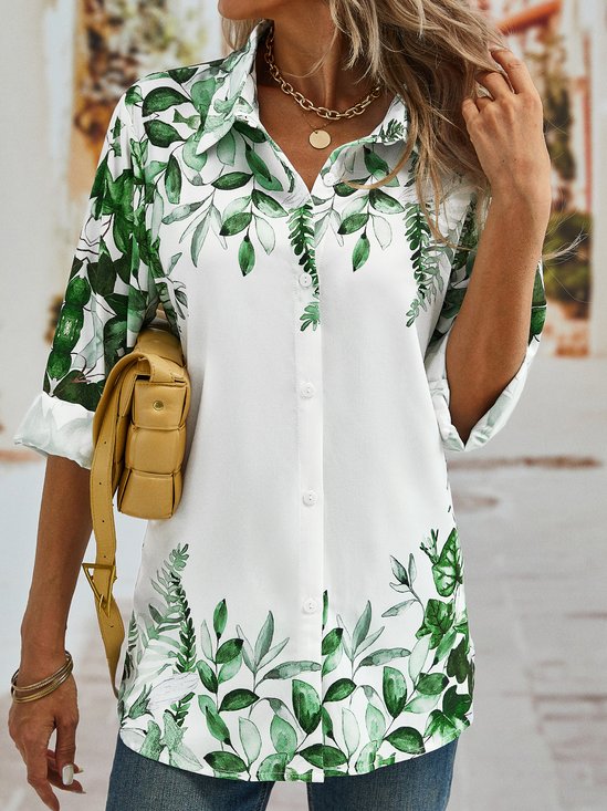 Casual Leaves Long sleeve Shirt Collar Printed Blouses