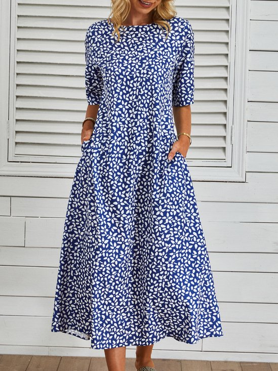 Casual Crew Neck Floral Polyester Fibre Midi
