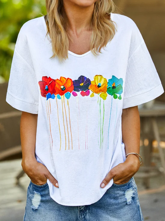 Floral Summer Casual V neck Lightweight Short sleeve Cotton Regular H-Line Top for Women