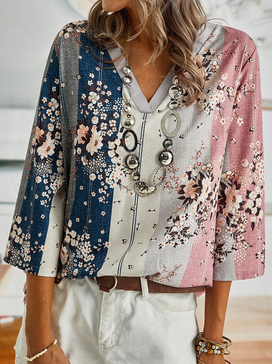 Casual Loose Floral V Neck Top