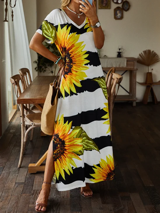 V Neck Loose Sunflower Jersey Maxi