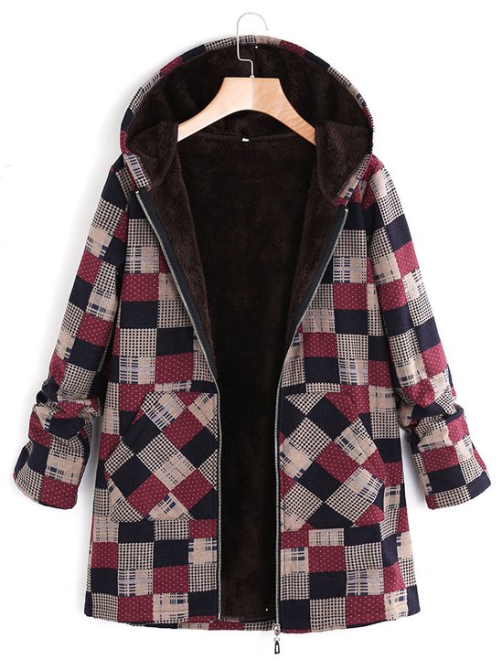 Women Plaid Fleece Hooded Zipper Autumn Winter Coat