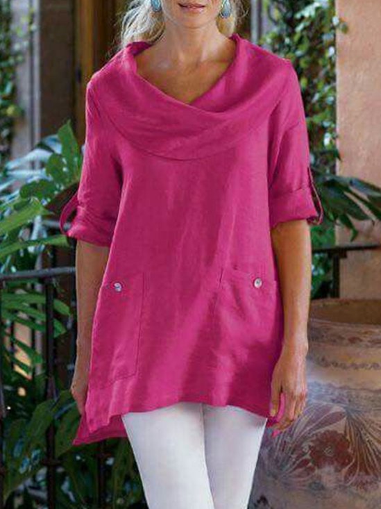 Casual Cotton-Blend Cowl Neck Loose Causal Top