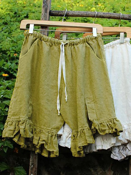 Cotton Solid Loose Shorts With Belt
