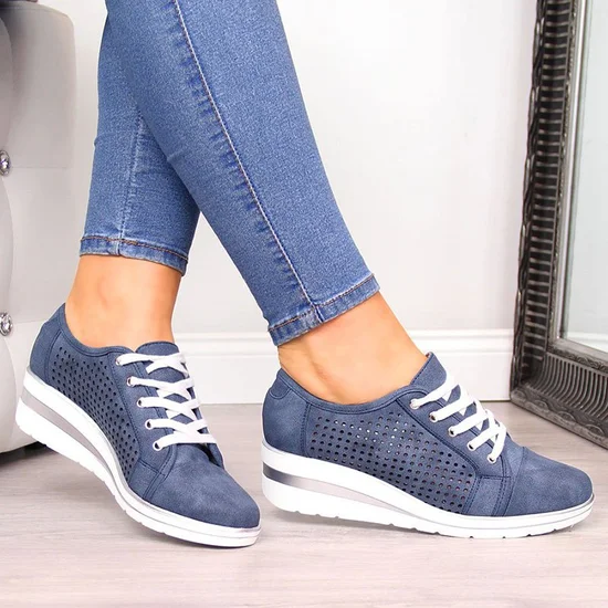 Blue Faux Leather Hollow-Out Wedge Heel Sneakers