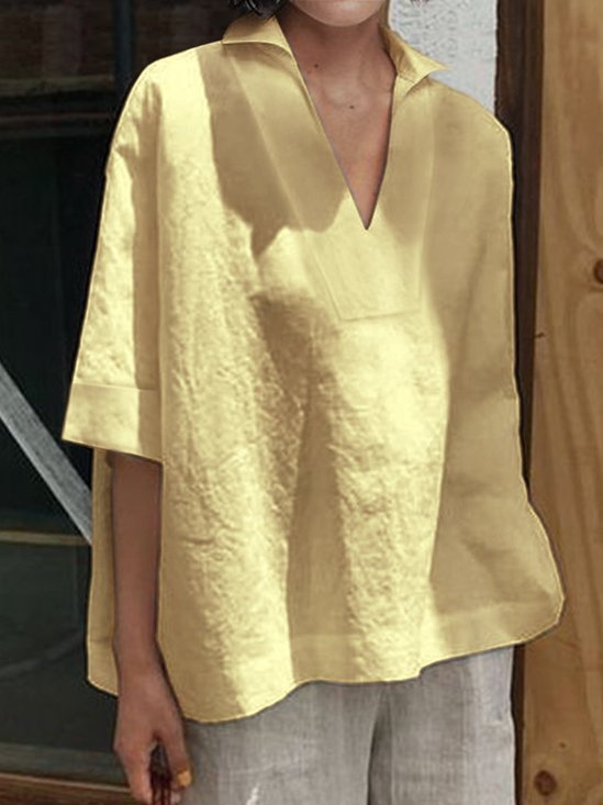 Loose Cotton Vacation V Neck Plain Blouses