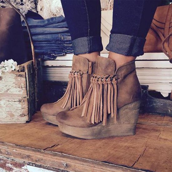 Wedge Booties Artificial Leather Tassel Boots Wedge Heel Zipper Shoes