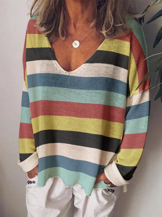 Jersey Color Block Casual V Neck Sweatshirt &pullover