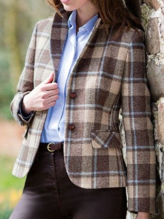 Casual Checked/Plaid Autumn Buttoned Natural Daily Long sleeve Cotton-Blend Jacket for Women