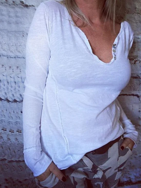 V Neck Basics Cotton-Blend Blouses
