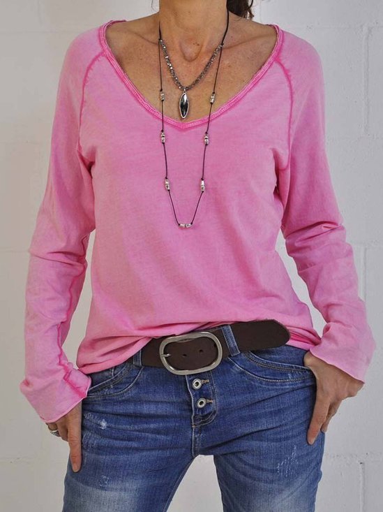 Casual Cotton-Blend V Neck Plain Blouses