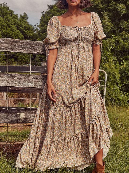 Loose Vacation Square Neck Floral Floral Dress