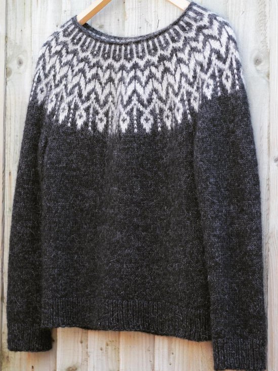 Black Round Neck Vintage Cotton-Blend Sweater