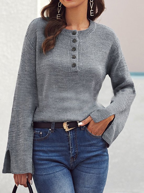 Gray Slit Buttoned Long Sleeve Paneled Date Daily Casual Jumper