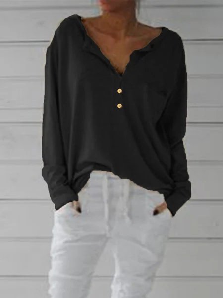 Cotton-Blend Long Sleeve Casual V Neck Top