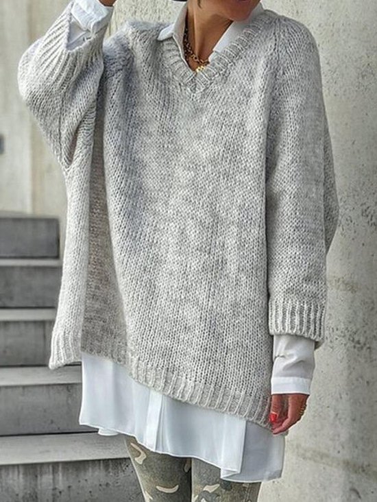 Women Casual Winter Solid Crew Neck Daily Long sleeve Loose Cotton-Blend Regular Jumper