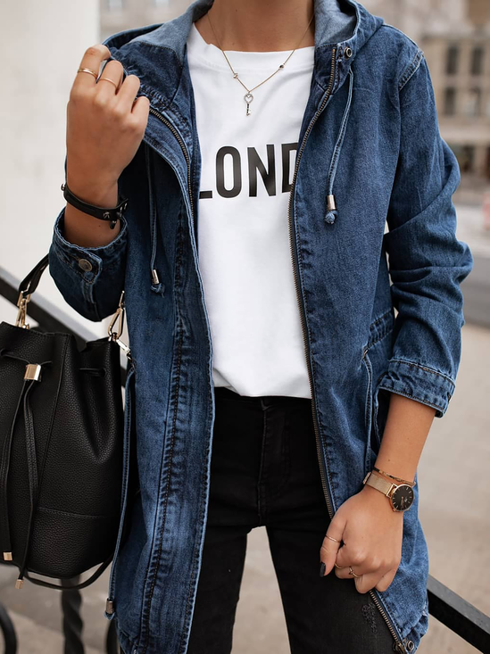 Women Vacation Spring Solid Daily Long sleeve Denim Jacket