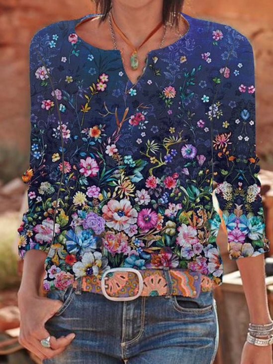 Printed V Neck Vacation Cotton-Blend T-shirt