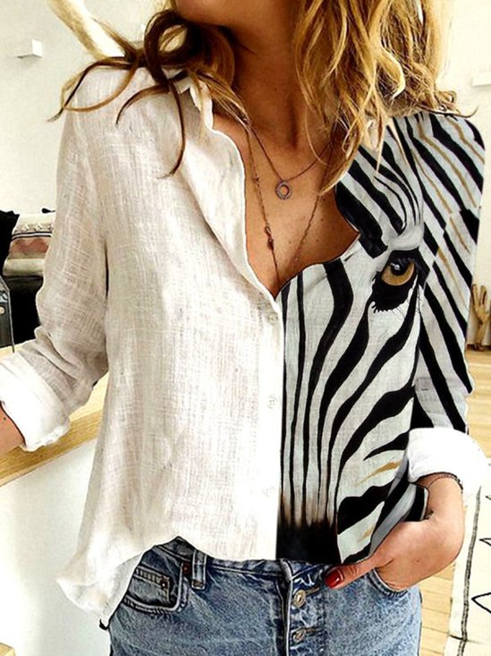 Cotton-Blend Printed Casual Loose Blouses