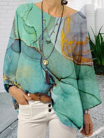 Abstract Loose Cotton Crew Neck Blouses