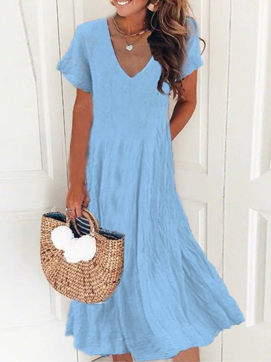 Chemical Fiber Blend Plain V Neck Loose Midi