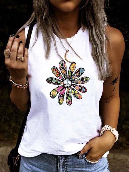 Casual Cotton-Blend Printed Loose Tank & Cami