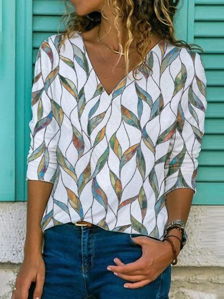 Printed Casual V Neck Blouses