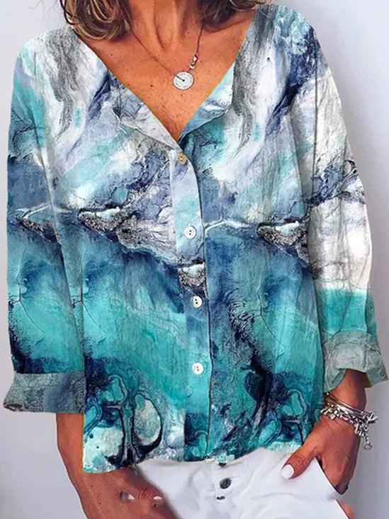 Printed Loose V Neck Vacation Blouses