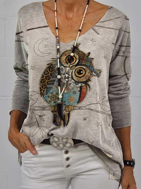 V Neck Animal Owl Printed Cotton Long Sleevs Top