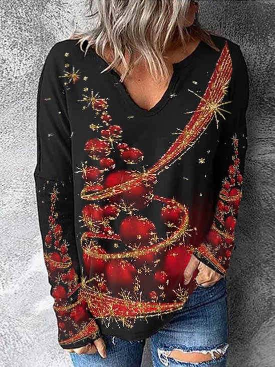 Casual V Neck Christmas T-shirt