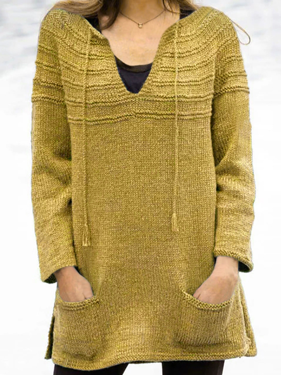 V neck Plain Cotton Blends Casual Jumper
