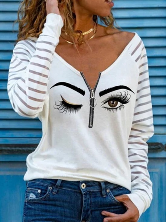 Casual V Neck Cotton-Blend Printed Blouses