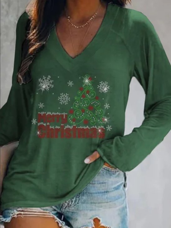 Christmas Xmas Long Sleeve V Neck Printed Tops T-shirts